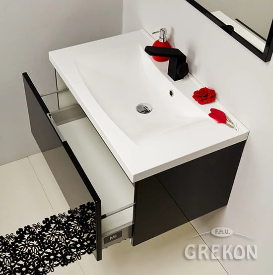 Elegancka czarna szafka wraz z białą dolomitową umywalką