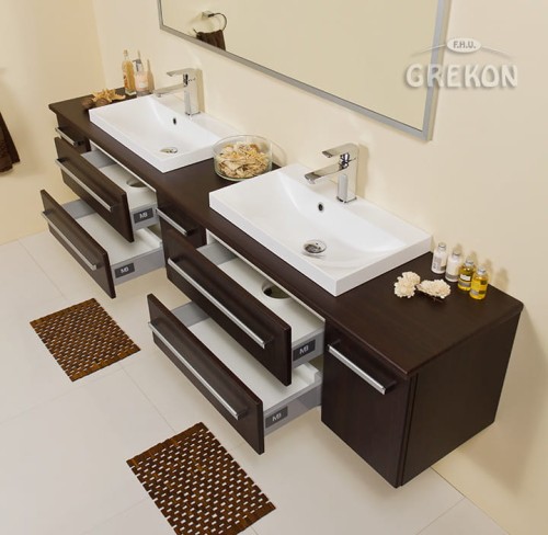 Elegancka i stylowa szafka w kolorze wenge z dwiema umywalkami