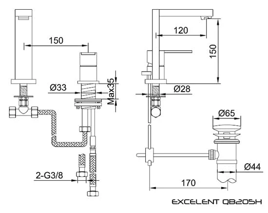 Bateria umywalkowa Kohlman Excelent QB205H 2-otworowa - schemat