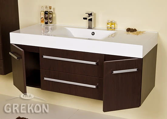 Nowoczesna szafka łazienkowa w eleganckim kolorze wenge wraz z białą umywalką