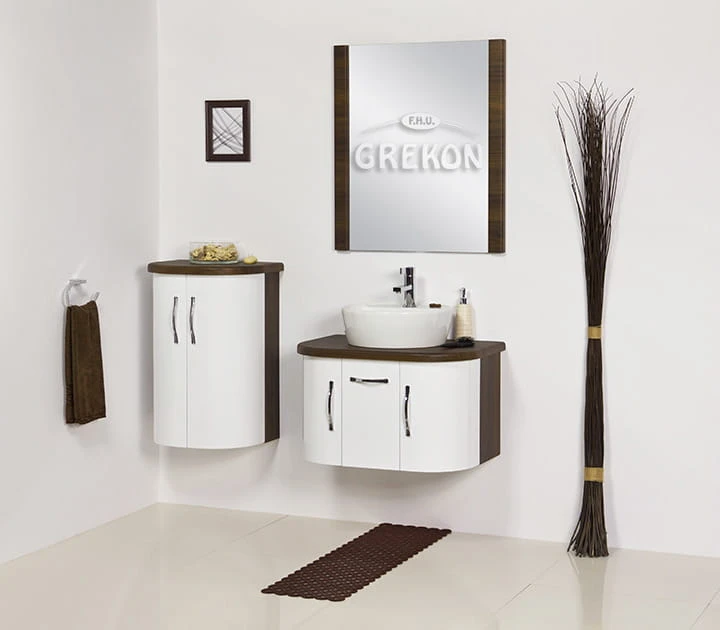 Oryginalne białe meble łazienkowe z zaokrąglonymi frontami seria Olimpia