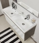 Biało szara szafka łazienkowa z dwukomorową ceramiczną umywalką z serii Platum