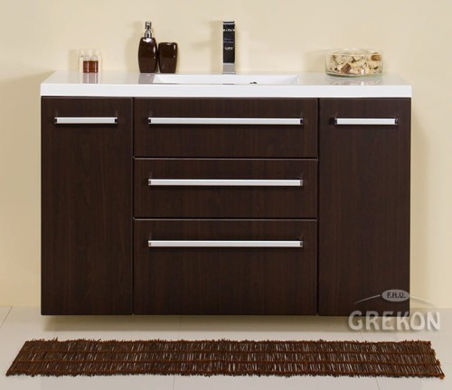 Szafka pod umywalkę w kolorze wenge z białą prostokątną umywalką